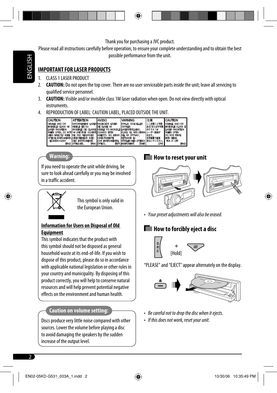 English how to reset your unit, How to forcibly eject a disc | JVC KD-G531 User Manual | Page 2 / 80