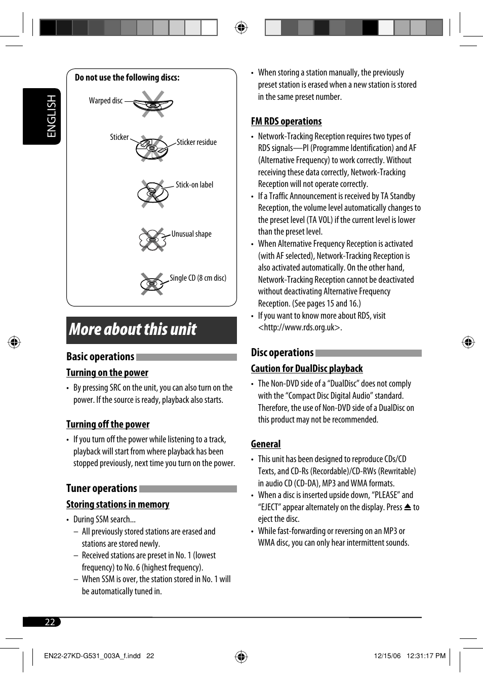 More about this unit, English, Disc operations | Basic operations, Tuner operations | JVC KD-G531 User Manual | Page 22 / 80