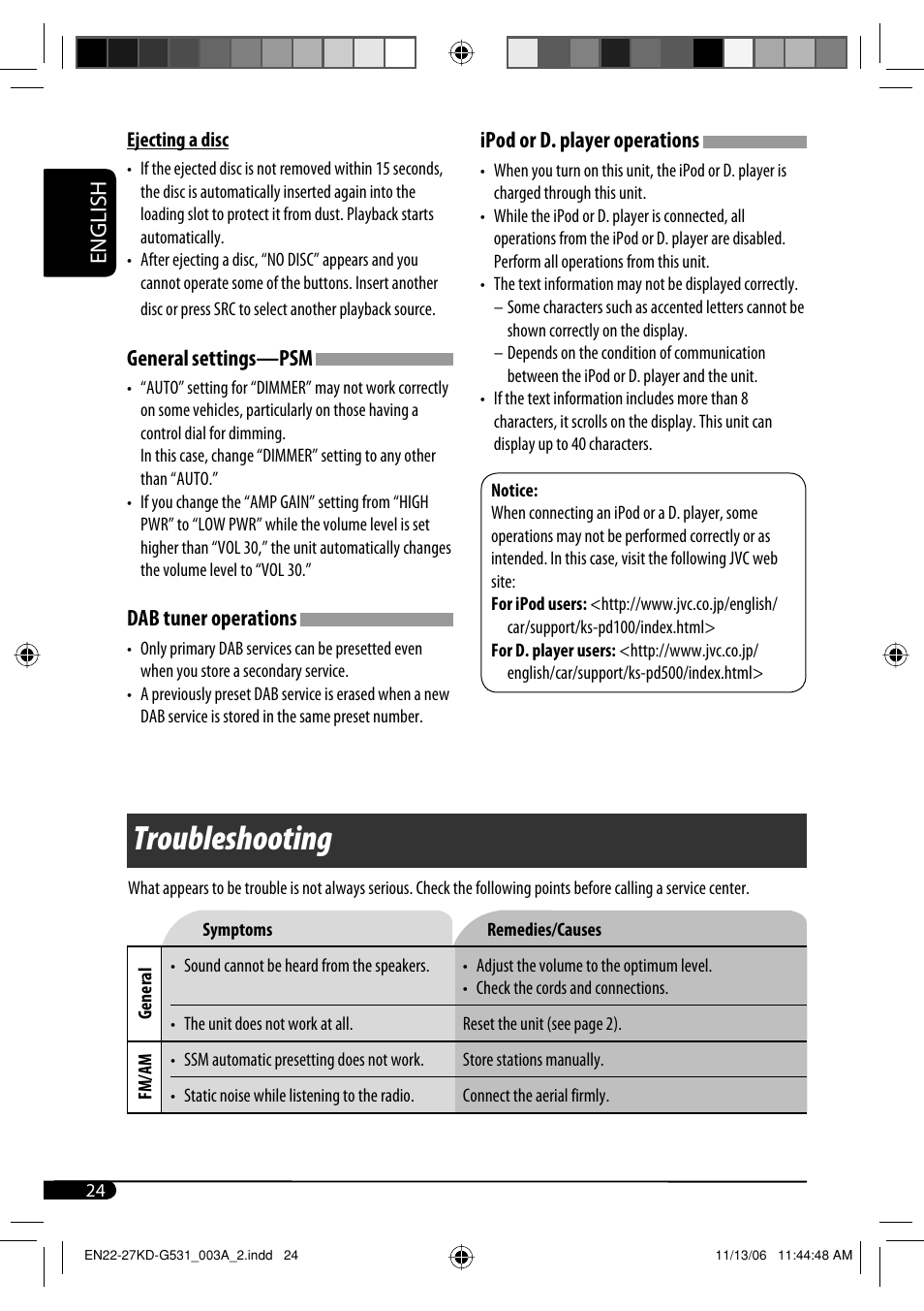 Troubleshooting, English ipod or d. player operations, General settings—psm | Dab tuner operations | JVC KD-G531 User Manual | Page 24 / 80