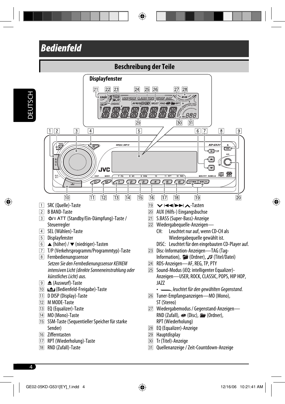 Bedienfeld, Beschreibung der teile, Deutsch | JVC KD-G531 User Manual | Page 30 / 80