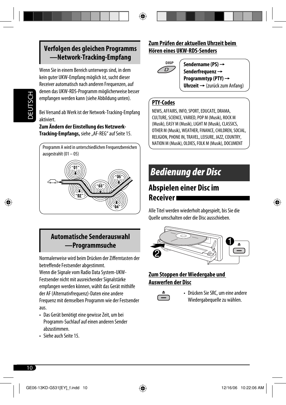 Bedienung der disc, Abspielen einer disc im receiver, Automatische senderauswahl —programmsuche | JVC KD-G531 User Manual | Page 36 / 80