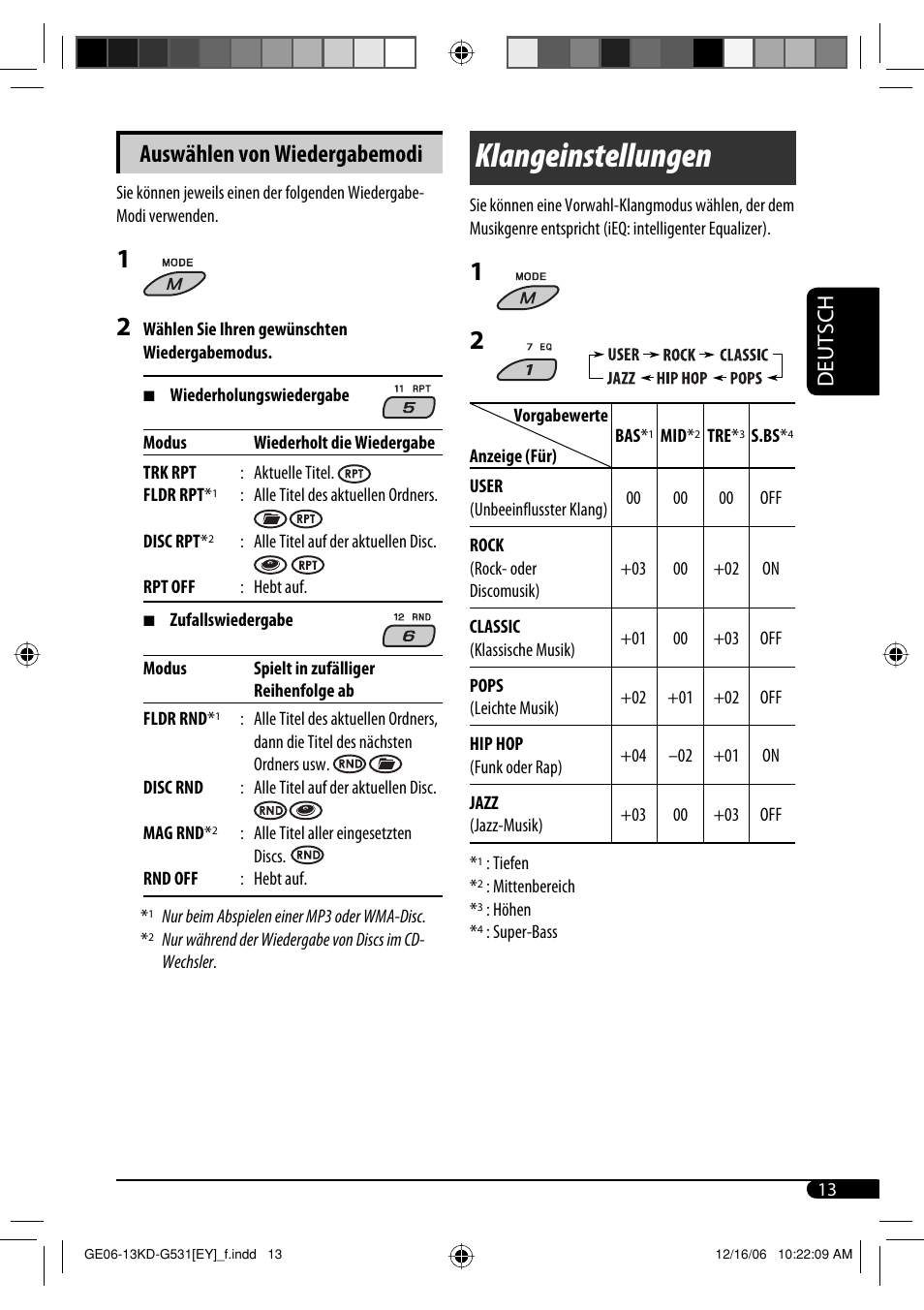 Klangeinstellungen, Auswählen von wiedergabemodi, Deutsch | JVC KD-G531 User Manual | Page 39 / 80