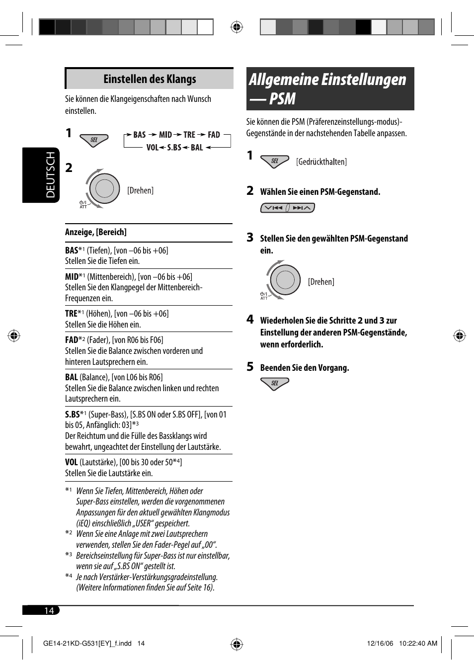 Allgemeine einstellungen — psm, Einstellen des klangs, Deutsch | JVC KD-G531 User Manual | Page 40 / 80
