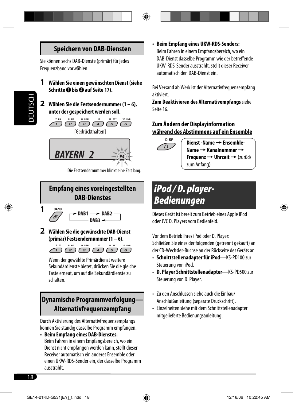 Ipod / d. player- bedienungen, Speichern von dab-diensten, Empfang eines voreingestellten dab-dienstes | JVC KD-G531 User Manual | Page 44 / 80