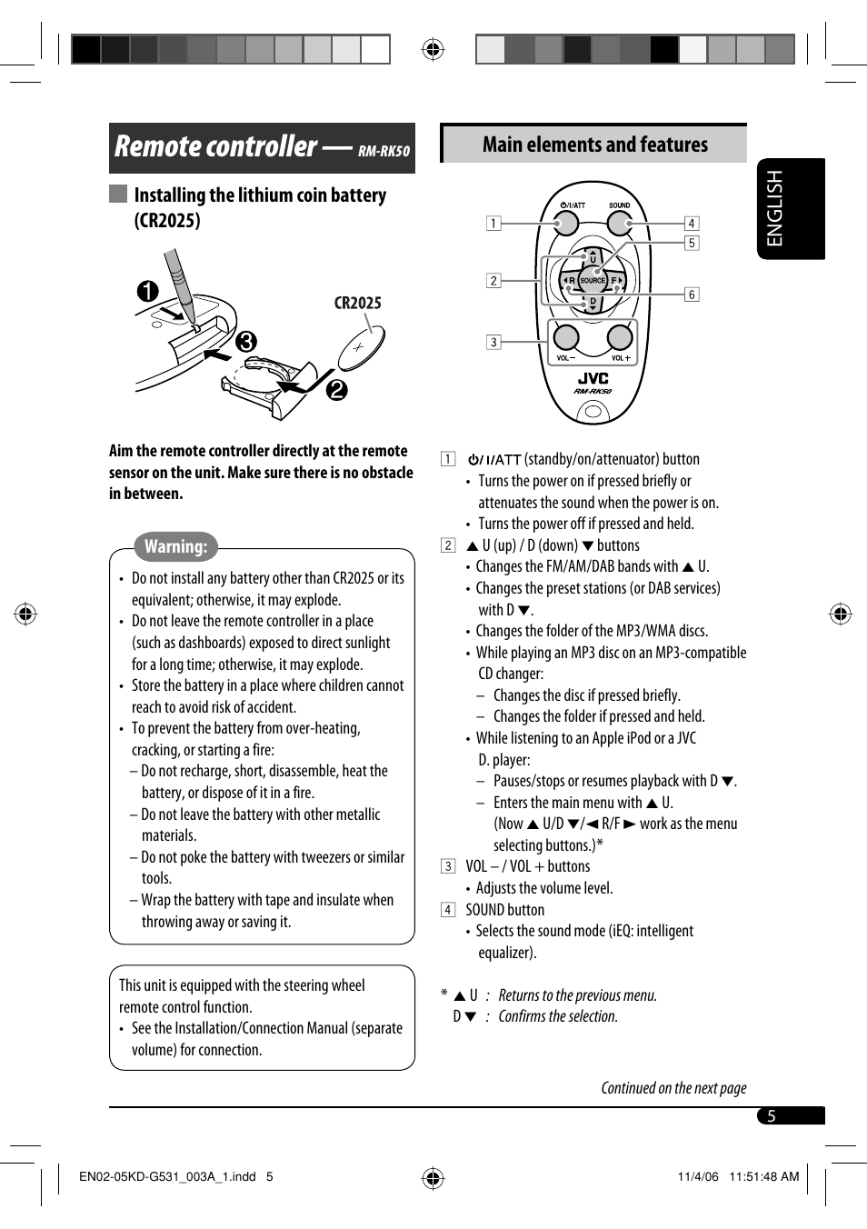 Remote controller, Main elements and features, English | Installing the lithium coin battery (cr2025) | JVC KD-G531 User Manual | Page 5 / 80