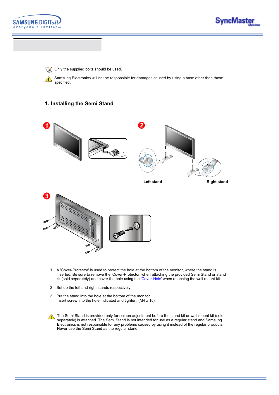 Installing stand kit, Installing the semi stand | Samsung 323T User Manual | Page 23 / 78