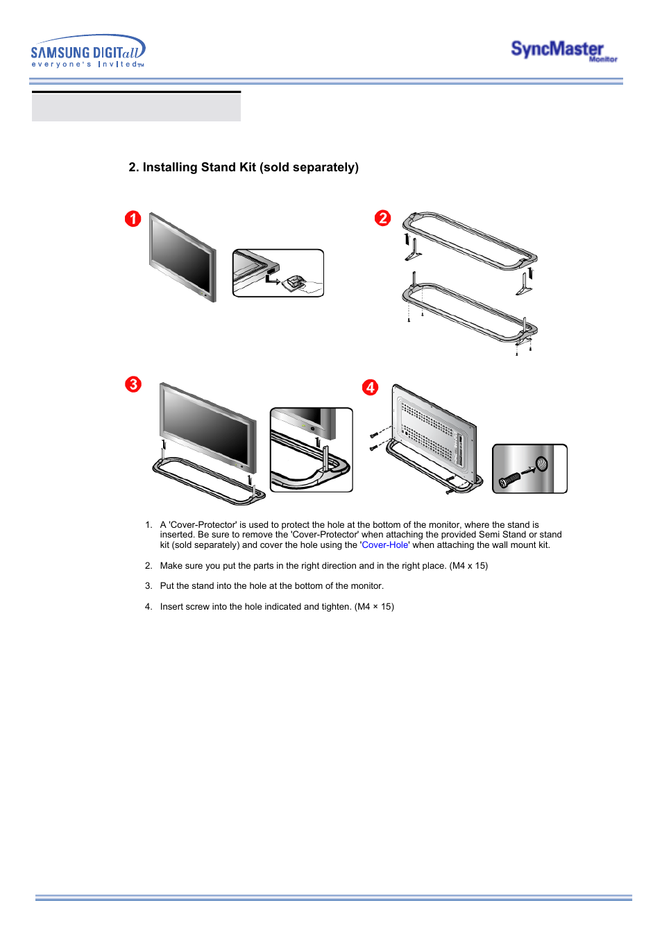 Installing stand kit, Installing stand kit (sold separately) | Samsung 323T User Manual | Page 24 / 78