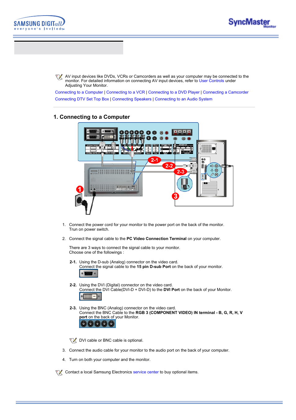 Connecting your monitor, Connecting to a computer | Samsung 323T User Manual | Page 25 / 78