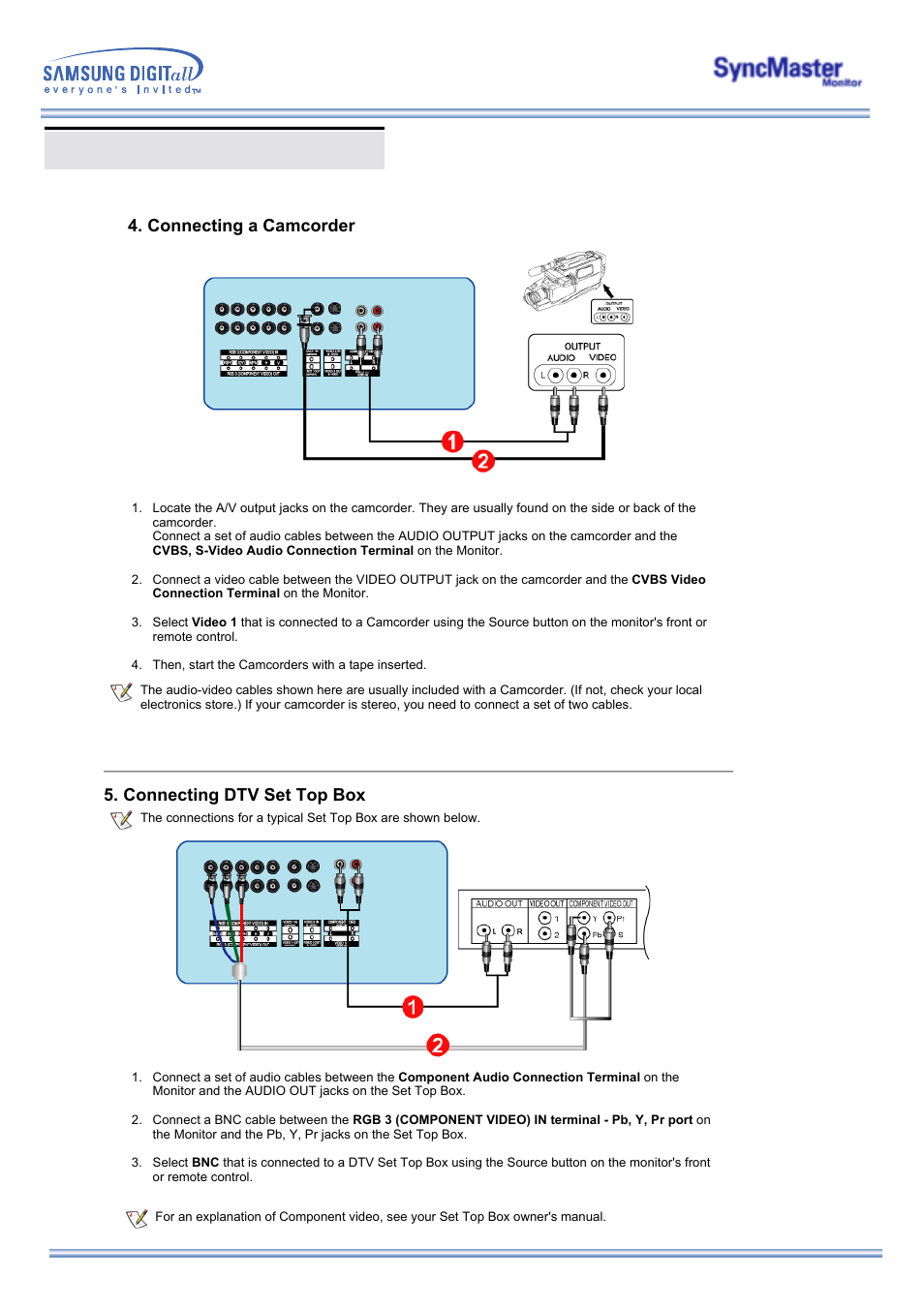 Connecting your monitor, Connecting a camcorder | Samsung 323T User Manual | Page 27 / 78