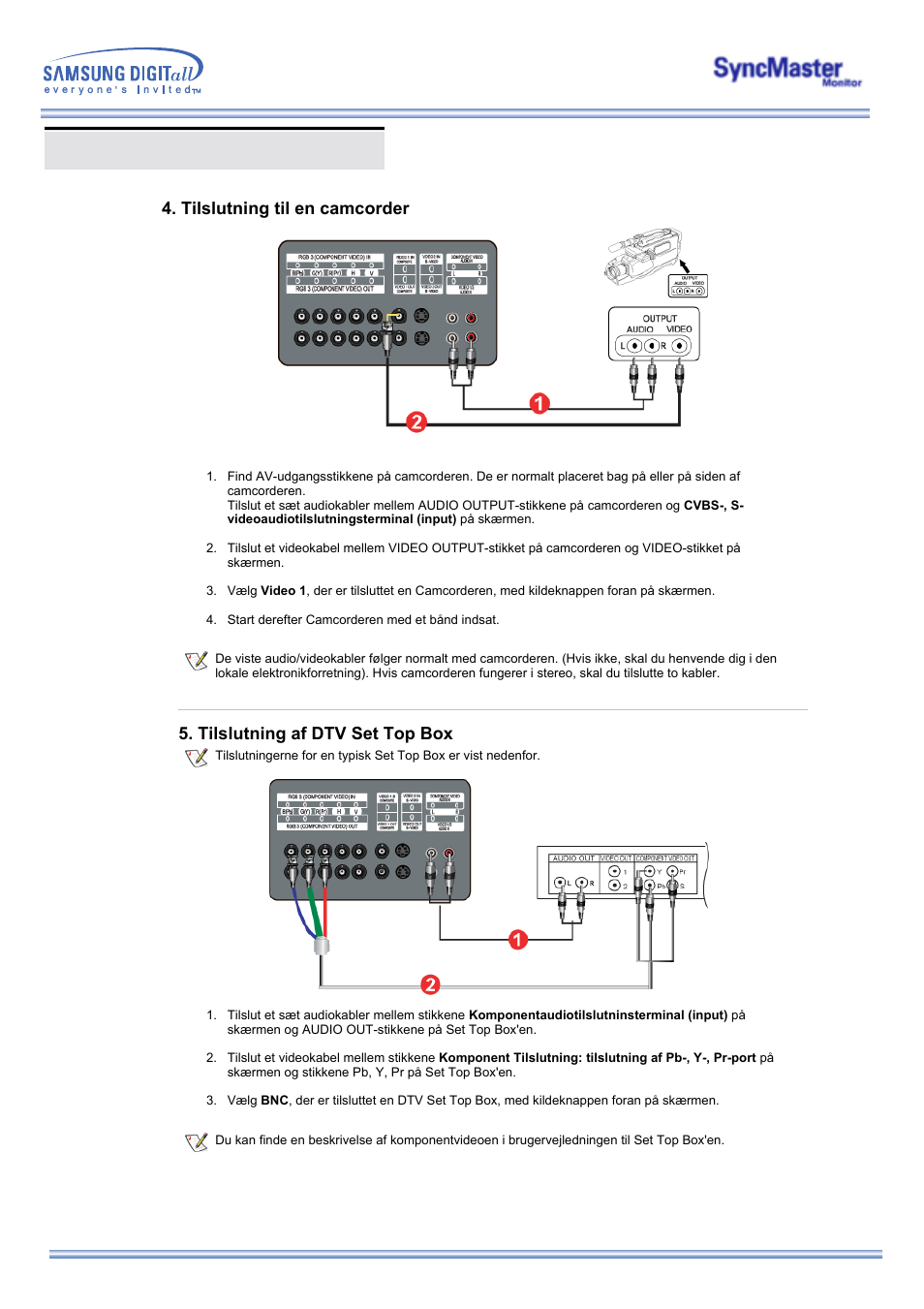 Connecting your monitor, Tilslutning af dtv set top box, Tilslutning til en camcorder | Samsung 323T User Manual | Page 31 / 78