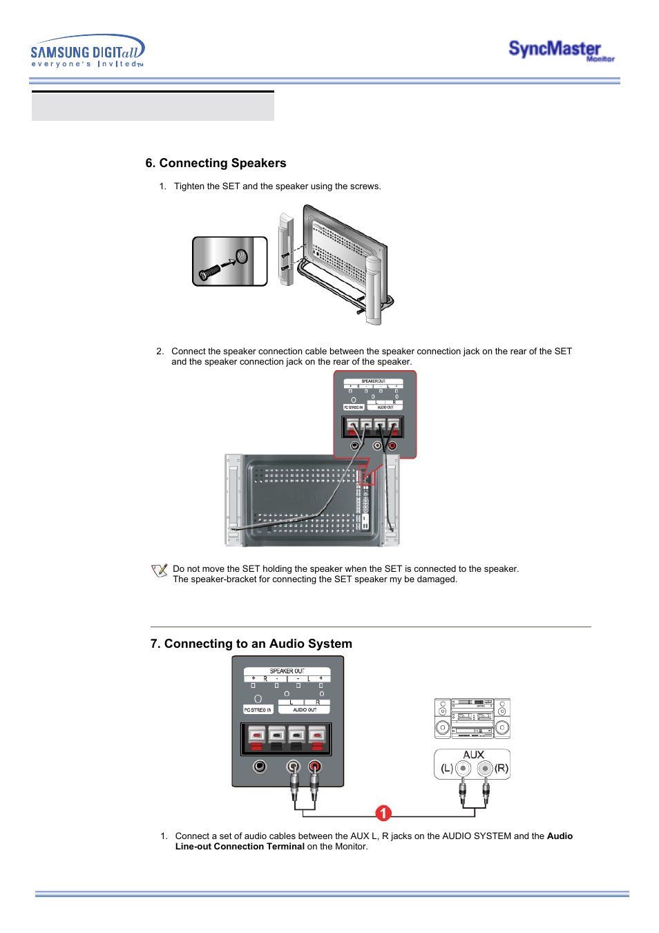 Connecting your monitor, Connecting to an audio system, Connecting speakers | Samsung 323T User Manual | Page 32 / 78