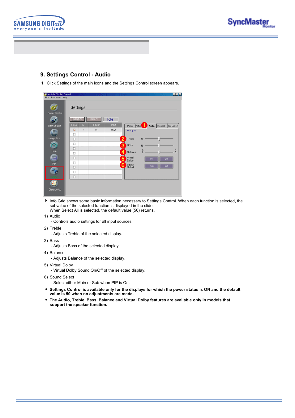 Multiple display control (mdc), Settings control - audio | Samsung 323T User Manual | Page 45 / 78