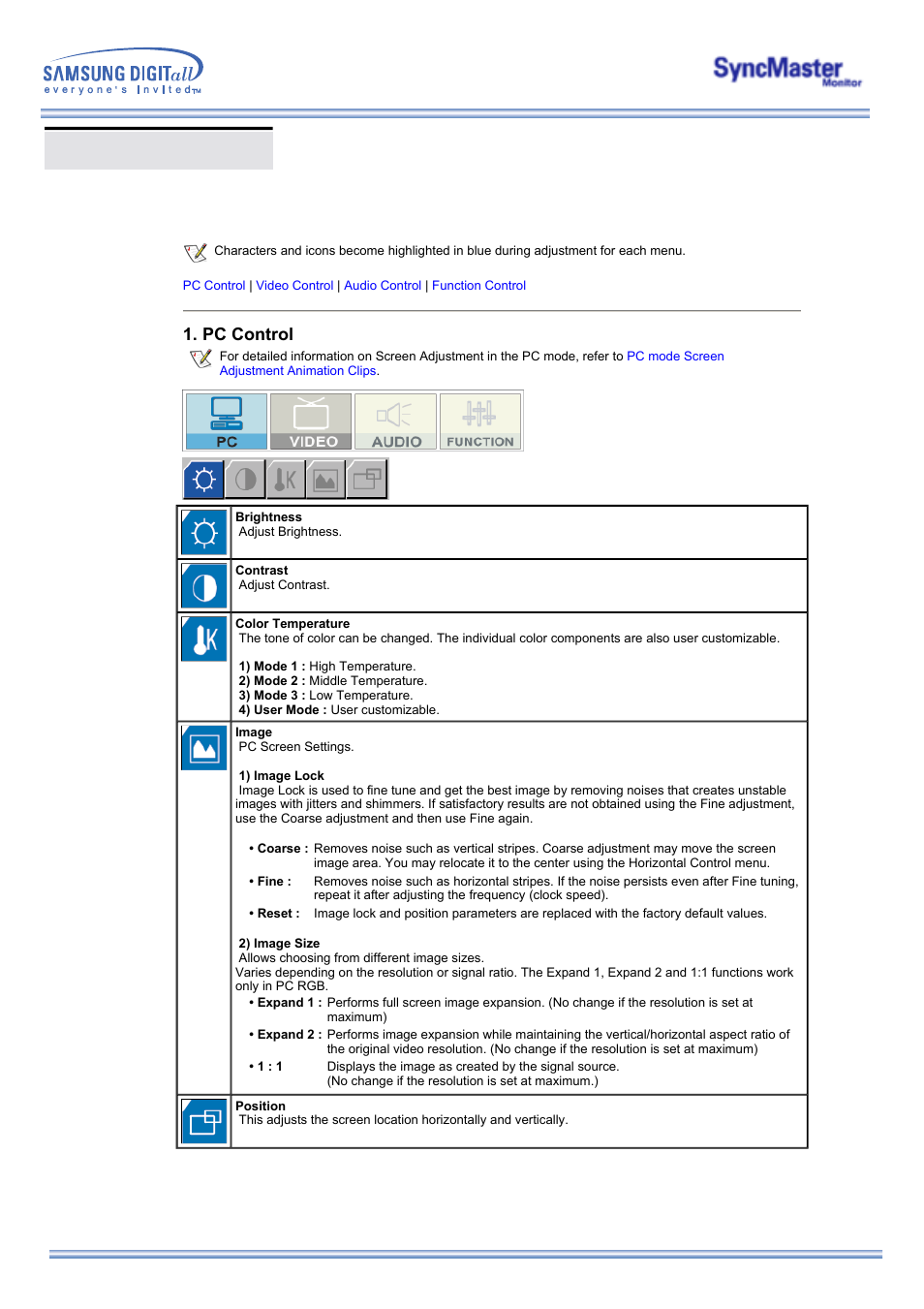 Osd functions, Pc control | Samsung 323T User Manual | Page 52 / 78