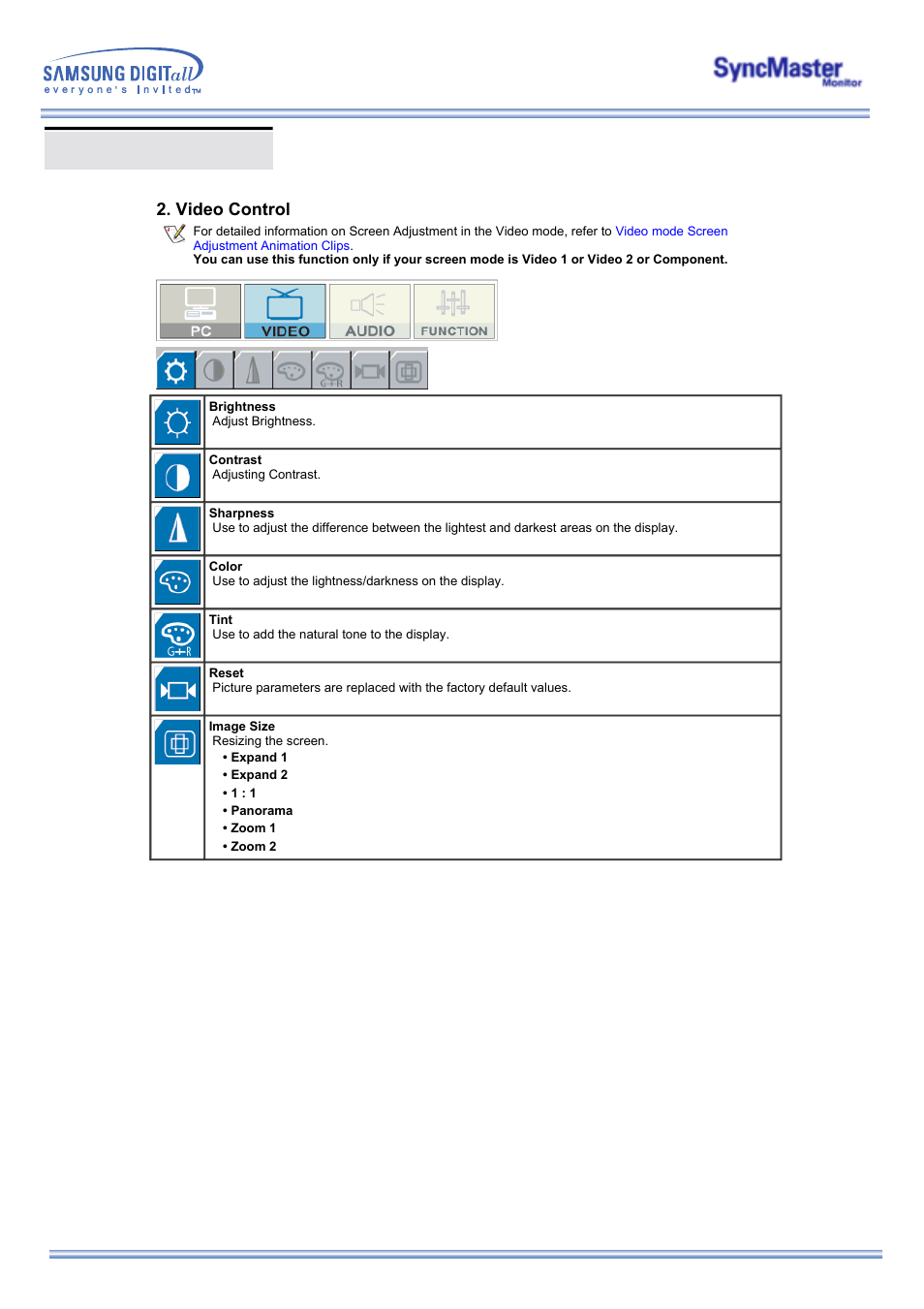 Osd functions, Video control | Samsung 323T User Manual | Page 53 / 78