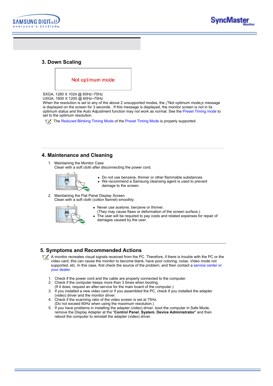 Check before calling for service, Down scaling, Maintenance and cleaning | Symptoms and recommended actions | Samsung 323T User Manual | Page 58 / 78