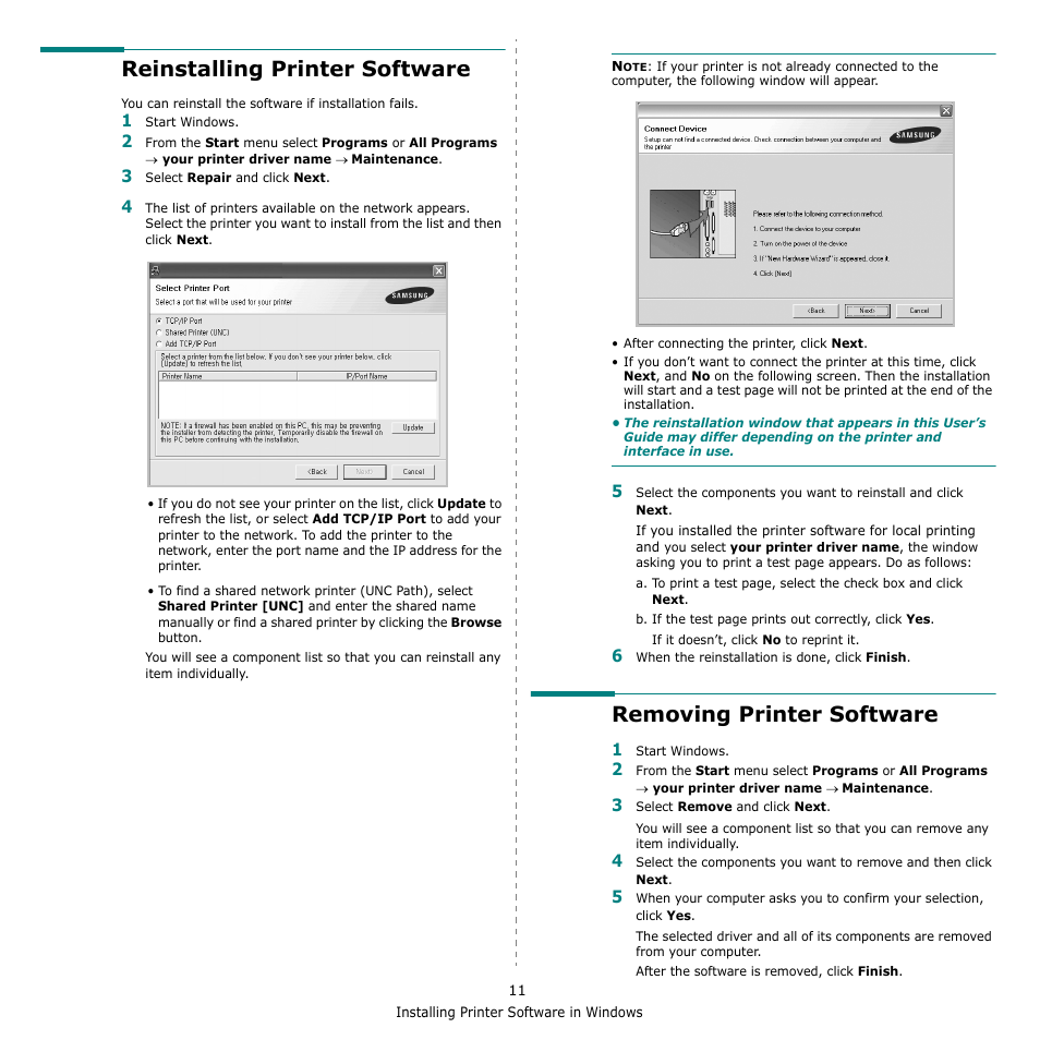 Reinstalling printer software, Removing printer software | Samsung CLX-6240 Series User Manual | Page 121 / 157