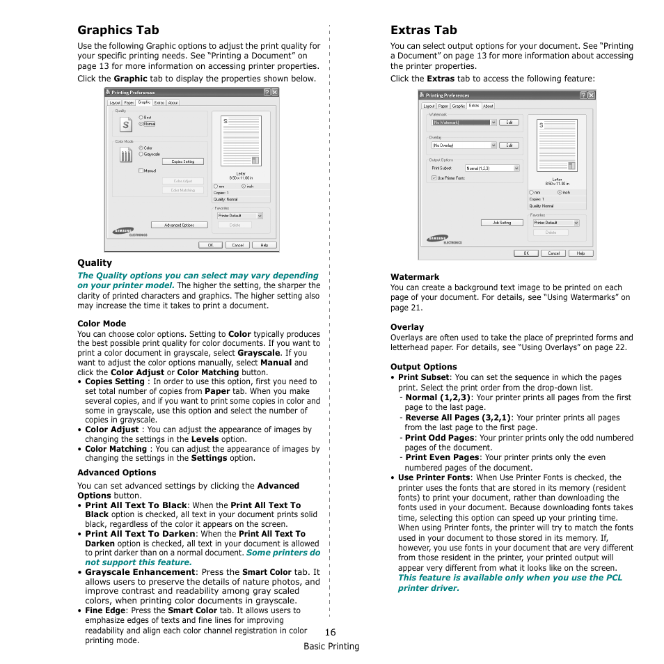 Graphics tab, Extras tab, Graphics tab extras tab | Graphics tab - extras tab | Samsung CLX-6240 Series User Manual | Page 126 / 157