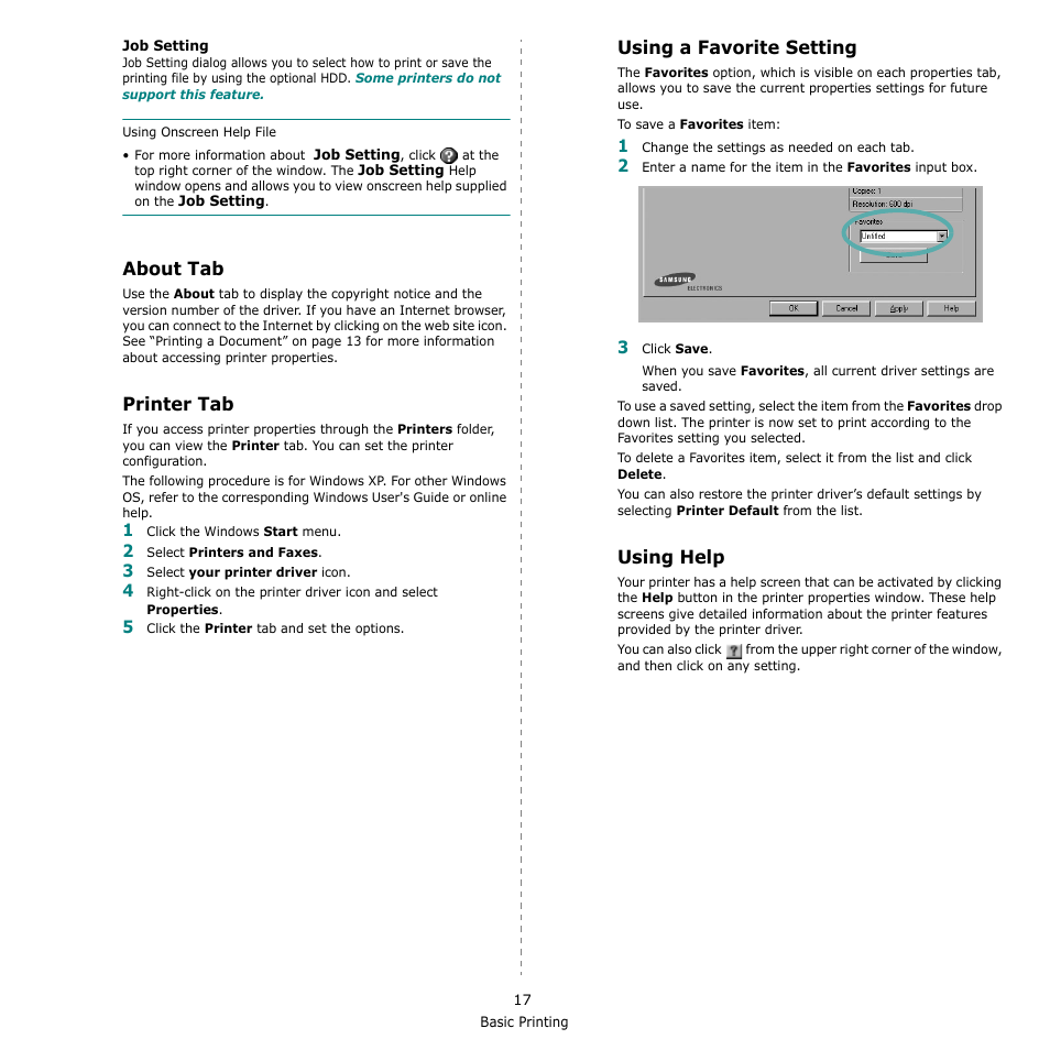 About tab, Printer tab, Using a favorite setting | Using help | Samsung CLX-6240 Series User Manual | Page 127 / 157