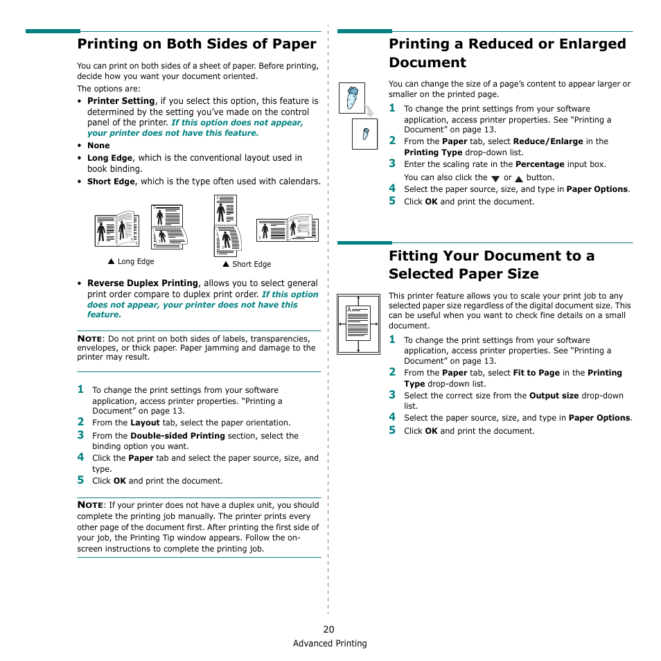 Printing on both sides of paper, Printing a reduced or enlarged document, Fitting your document to a selected paper size | E “printing a reduced or enlarged document” on, Fitting your document to a selected paper | Samsung CLX-6240 Series User Manual | Page 130 / 157