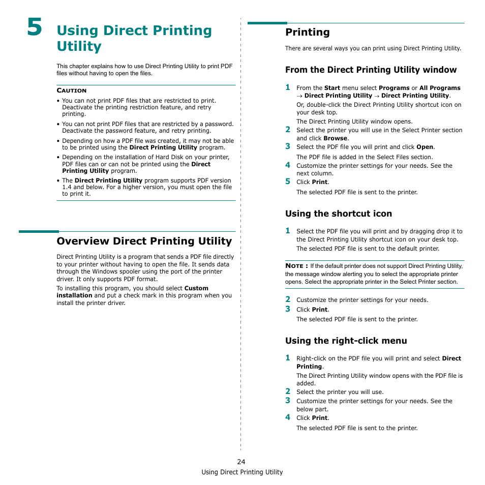 Using direct printing utility, Overview direct printing utility, Printing | From the direct printing utility window, Using the shortcut icon, Using the right-click menu, Chapter 5, Sing, Irect, Rinting | Samsung CLX-6240 Series User Manual | Page 134 / 157