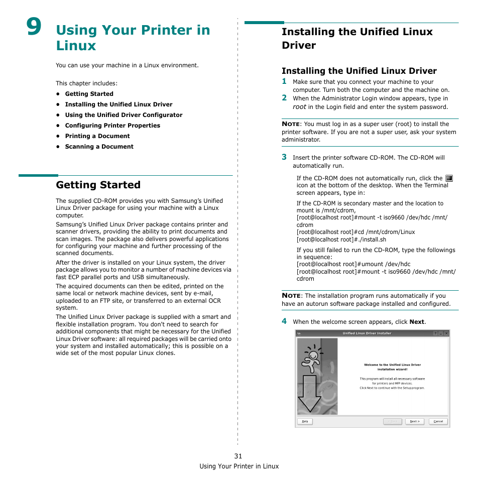 Using your printer in linux, Getting started, Installing the unified linux driver | Chapter 9, Sing, Rinter, Inux | Samsung CLX-6240 Series User Manual | Page 141 / 157