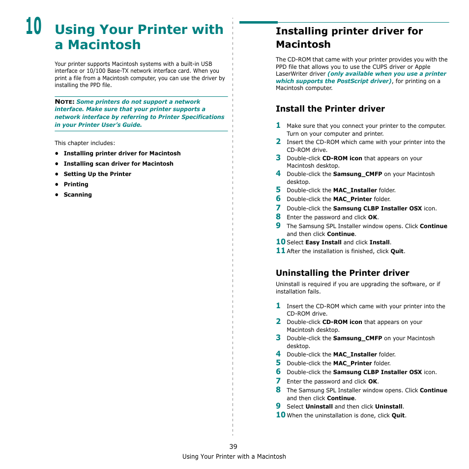 Using your printer with a macintosh, Installing printer driver for macintosh, Install the printer driver | Uninstalling the printer driver, Chapter 10, Sing, Rinter, With, Acintosh | Samsung CLX-6240 Series User Manual | Page 149 / 157