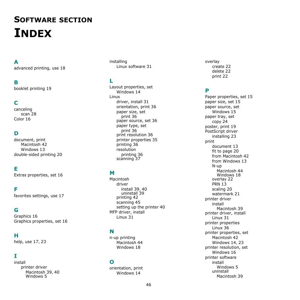 Software section index, Ndex, Oftware | Samsung CLX-6240 Series User Manual | Page 156 / 157