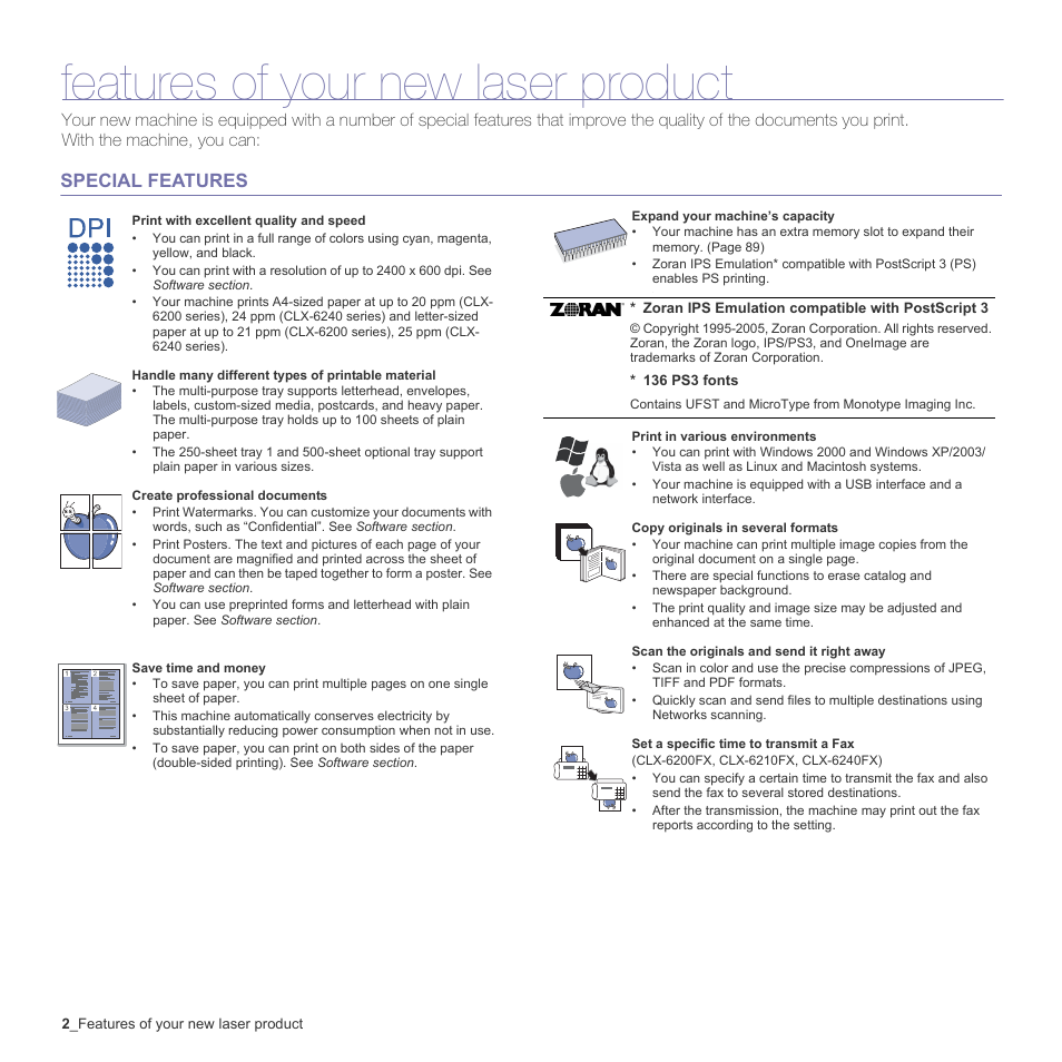 Features of your new laser product, Special features | Samsung CLX-6240 Series User Manual | Page 2 / 157