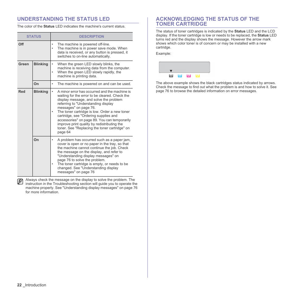 Understanding the status led, Acknowledging the status of the toner cartridge, 22 understanding the | 22 acknowledging the status of the toner cartridge, E 22, Ge 22 | Samsung CLX-6240 Series User Manual | Page 22 / 157