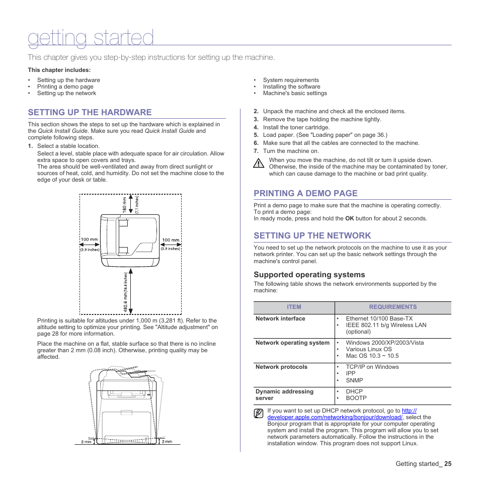 Getting started, Setting up the hardware, Setting up the network | Supported operating systems, Printing a demo page | Samsung CLX-6240 Series User Manual | Page 25 / 157