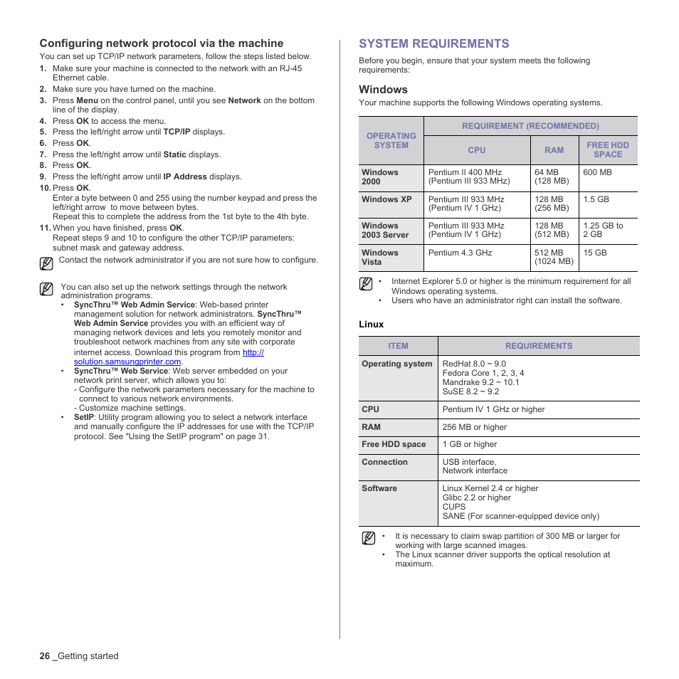 Configuring network protocol via the machine, System requirements, Windows | Linux, 26 system requirements | Samsung CLX-6240 Series User Manual | Page 26 / 157