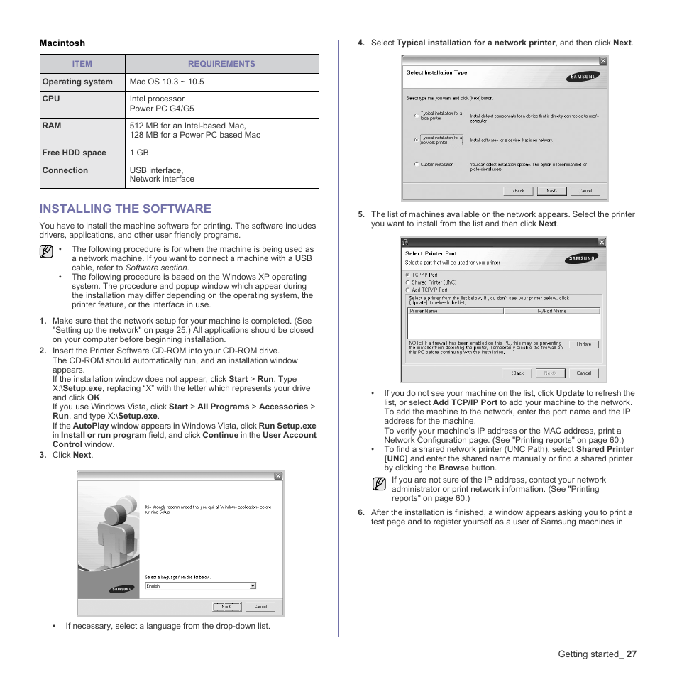 Macintosh, Installing the software, 27 installing the software | Samsung CLX-6240 Series User Manual | Page 27 / 157