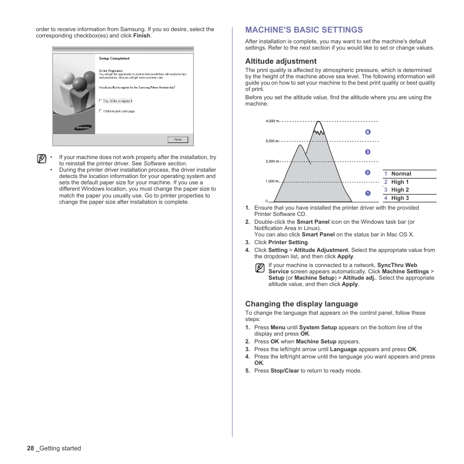 Machine's basic settings, Altitude adjustment, Changing the display language | 28 machine's basic settings, E 