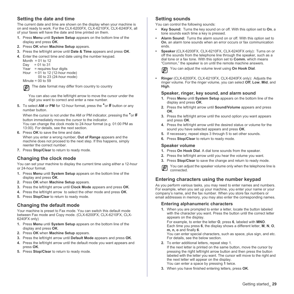 Setting the date and time, Changing the clock mode, Changing the default mode | Setting sounds, Entering characters using the number keypad, Printer settings | Samsung CLX-6240 Series User Manual | Page 29 / 157