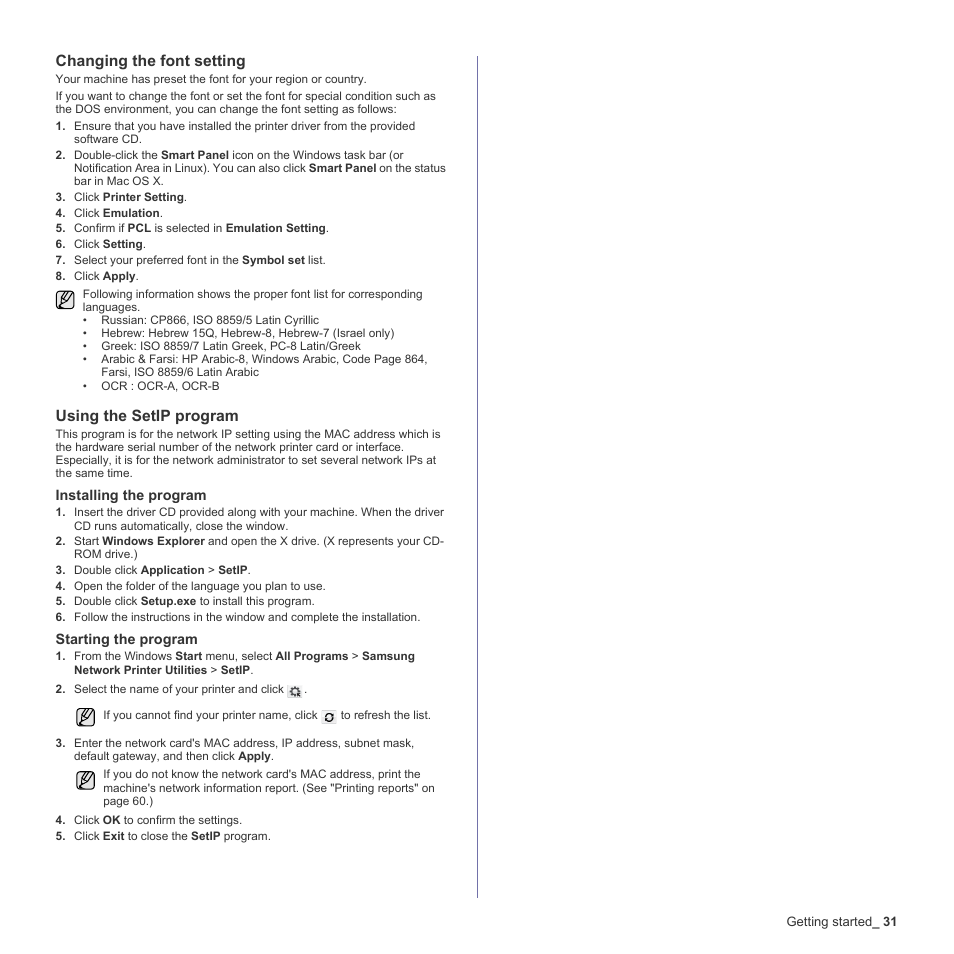 Changing the font setting, Using the setip program | Samsung CLX-6240 Series User Manual | Page 31 / 157