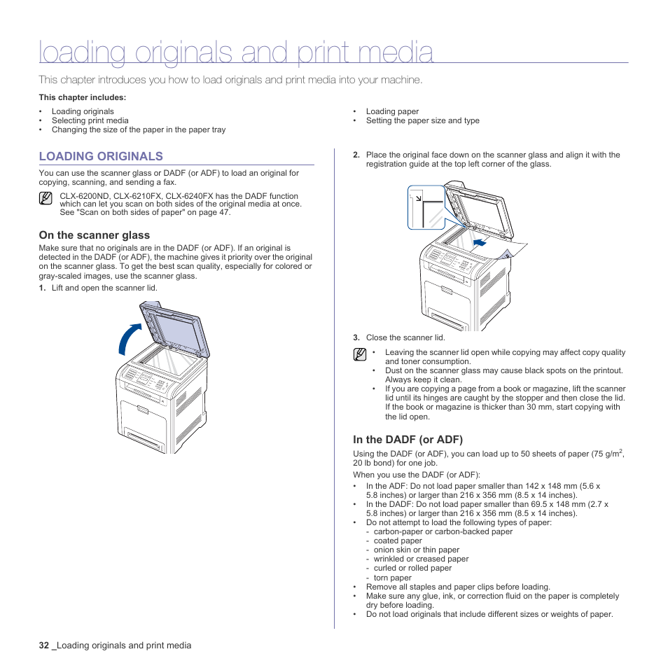 Loading originals and print media, Loading originals, On the scanner glass | In the dadf (or adf), 32 loading originals | Samsung CLX-6240 Series User Manual | Page 32 / 157