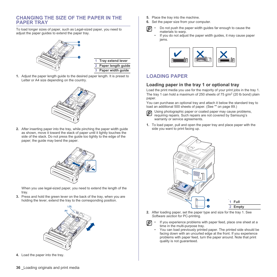 Changing the size of the paper in the paper tray, Loading paper, Loading paper in the tray 1 or optional tray | Samsung CLX-6240 Series User Manual | Page 36 / 157