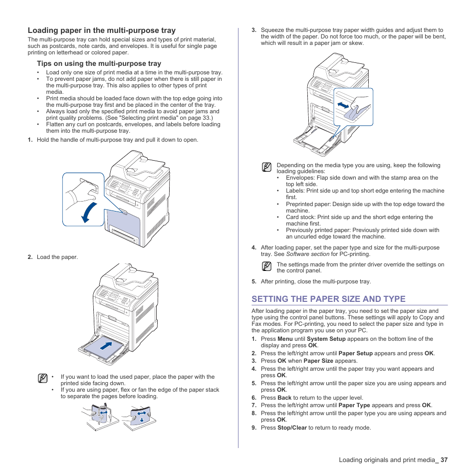 Loading paper in the multi-purpose tray, Setting the paper size and type, 37 setting the paper size and type | Samsung CLX-6240 Series User Manual | Page 37 / 157