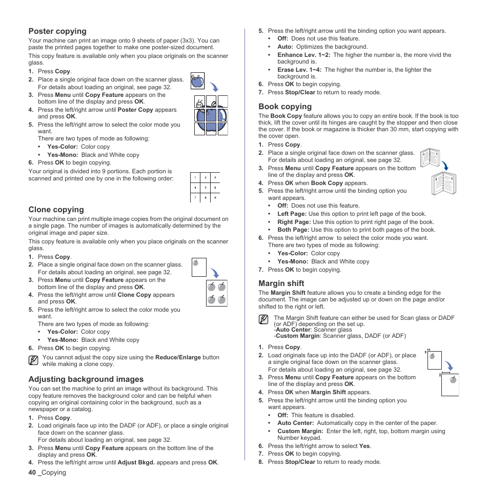 Poster copying, Clone copying, Adjusting background images | Book copying, Margin shift | Samsung CLX-6240 Series User Manual | Page 40 / 157