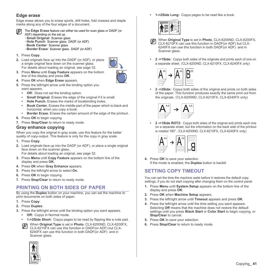 Edge erase, Gray enhance copying, Printing on both sides of paper | Setting copy timeout | Samsung CLX-6240 Series User Manual | Page 41 / 157