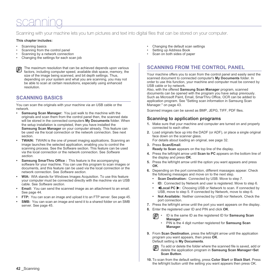 Scanning, Scanning basics, Scanning from the control panel | Scanning to application programs | Samsung CLX-6240 Series User Manual | Page 42 / 157