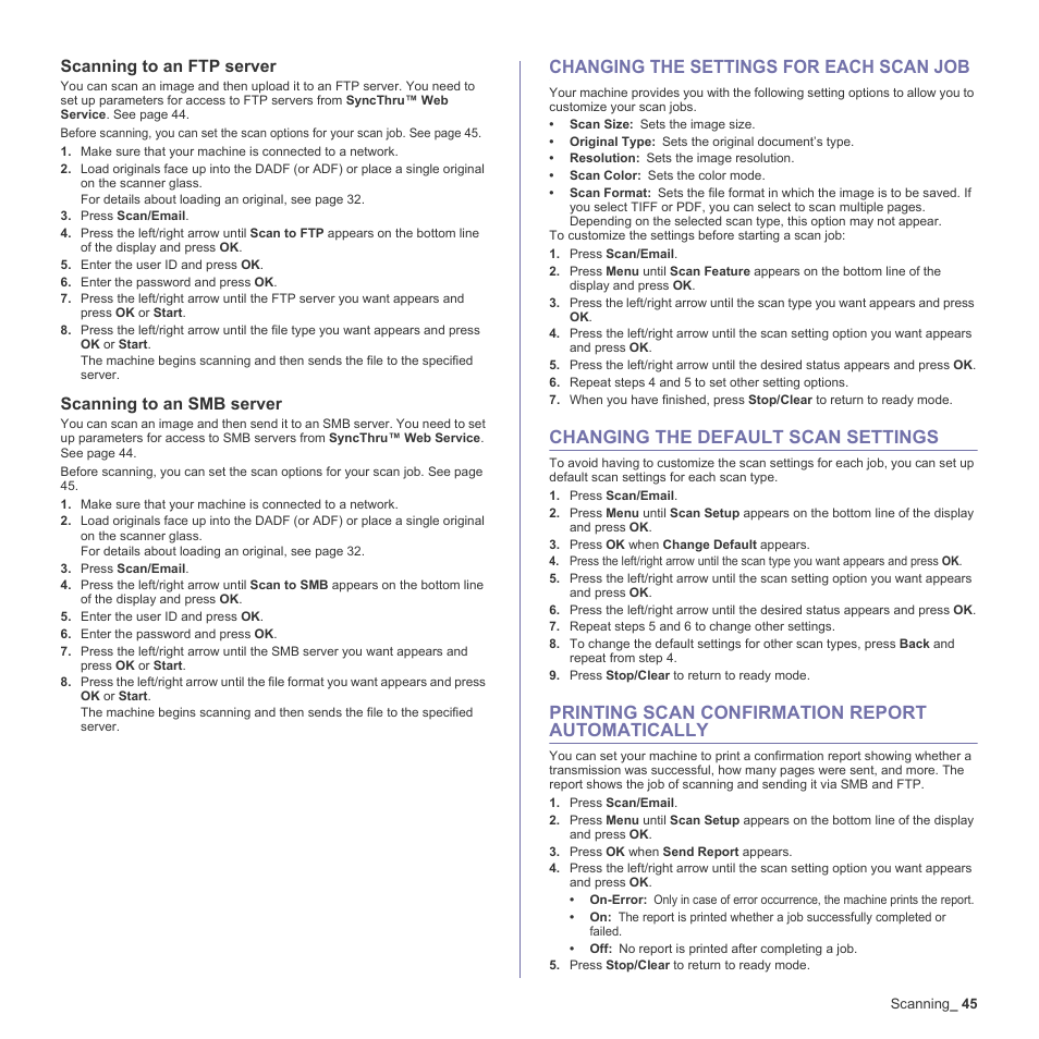 Scanning to an ftp server, Scanning to an smb server, Changing the settings for each scan job | Changing the default scan settings, Printing scan confirmation report automatically | Samsung CLX-6240 Series User Manual | Page 45 / 157