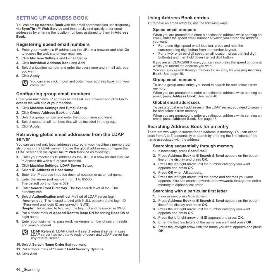 Setting up address book, Registering speed email numbers, Configuring group email numbers | Using address book entries, Searching address book for an entry, 46 setting up address book | Samsung CLX-6240 Series User Manual | Page 46 / 157