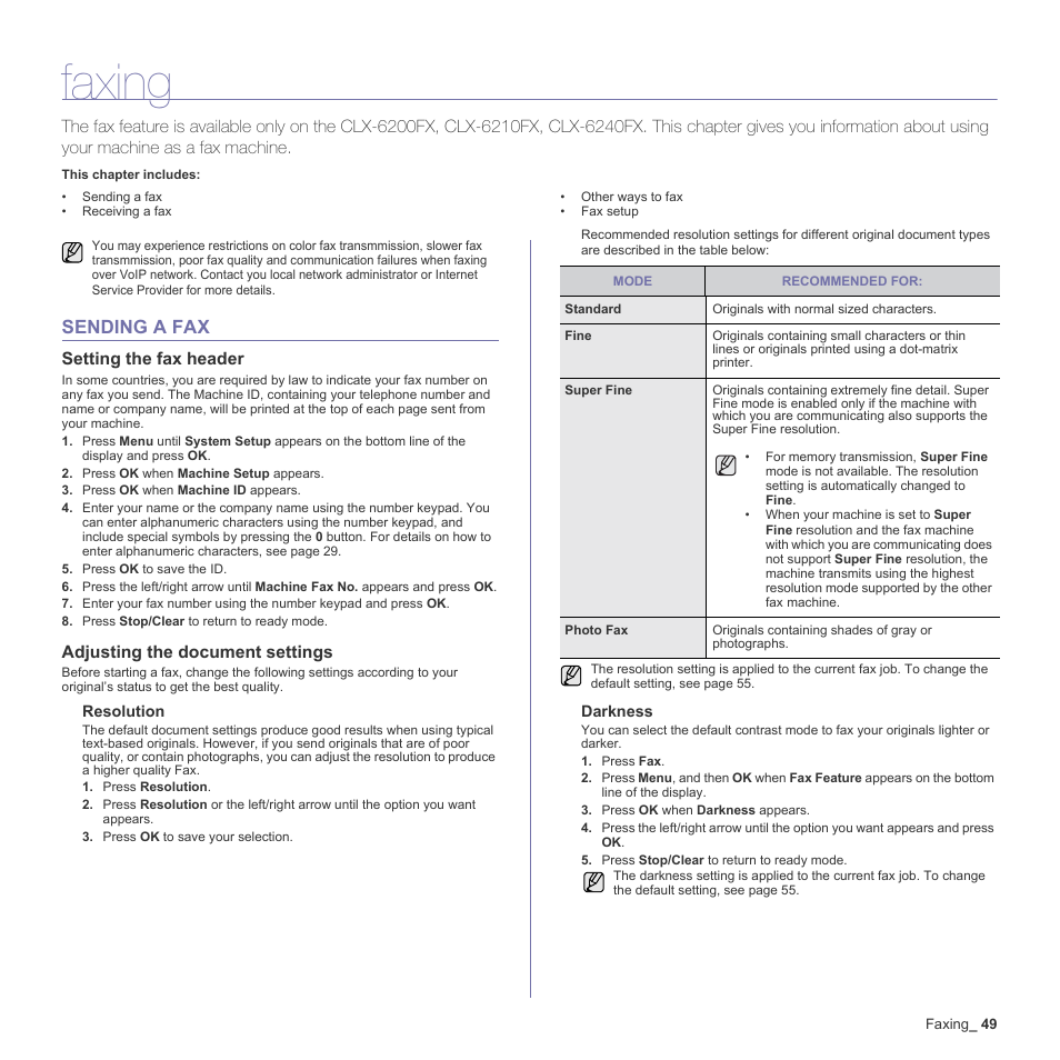 Faxing, Sending a fax, Setting the fax header | Adjusting the document settings, 49 sending a fax | Samsung CLX-6240 Series User Manual | Page 49 / 157