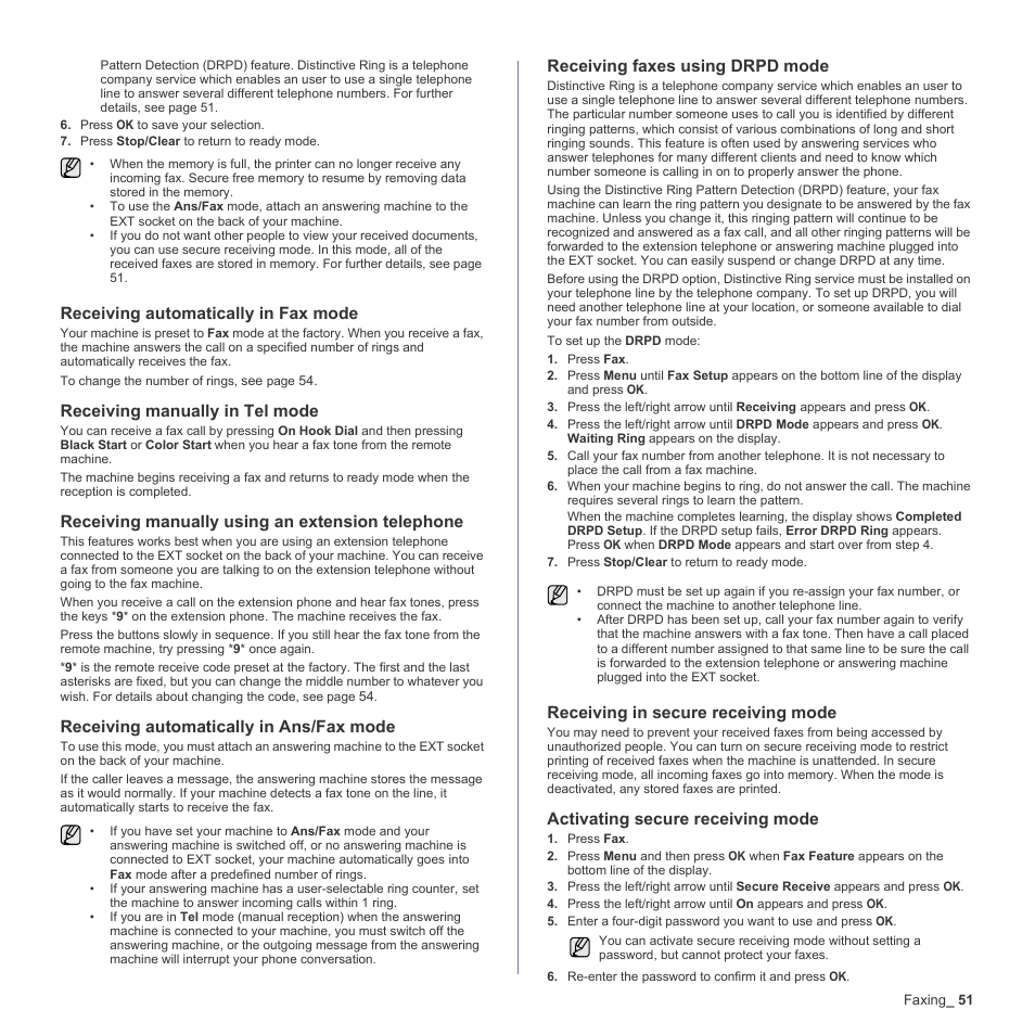 Receiving automatically in fax mode, Receiving manually in tel mode, Receiving manually using an extension telephone | Receiving automatically in ans/fax mode, Receiving faxes using drpd mode, Receiving in secure receiving mode, Activating secure receiving mode | Samsung CLX-6240 Series User Manual | Page 51 / 157