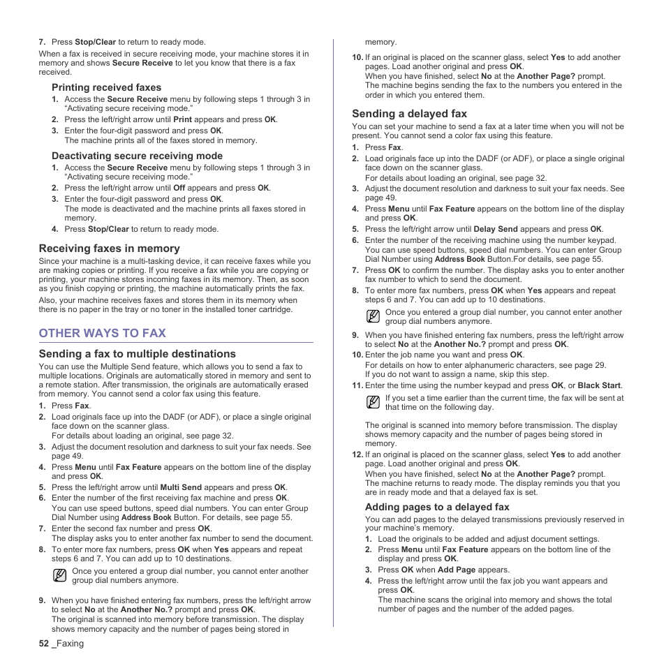 Receiving faxes in memory, Other ways to fax, Sending a fax to multiple destinations | Sending a delayed fax, 52 other ways to fax | Samsung CLX-6240 Series User Manual | Page 52 / 157