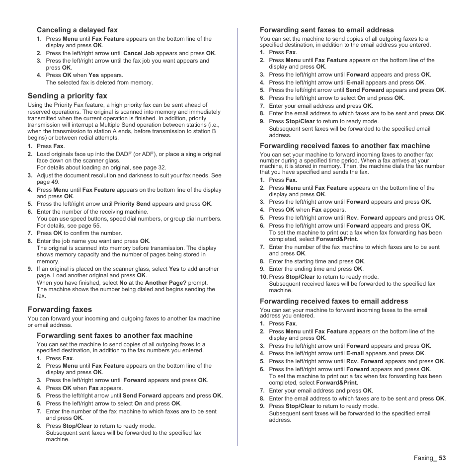 Sending a priority fax, Forwarding faxes | Samsung CLX-6240 Series User Manual | Page 53 / 157