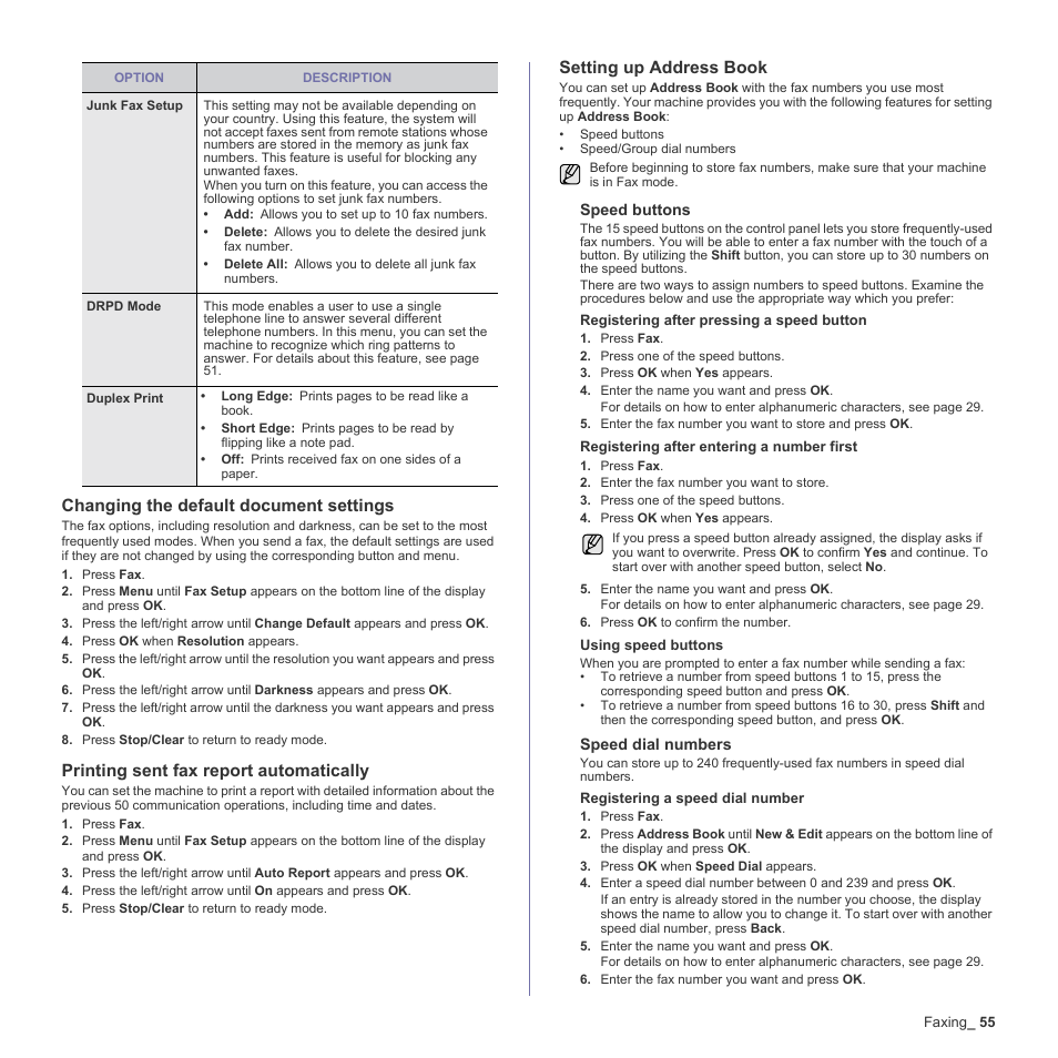 Changing the default document settings, Printing sent fax report automatically, Setting up address book | Age 55, E 55 | Samsung CLX-6240 Series User Manual | Page 55 / 157