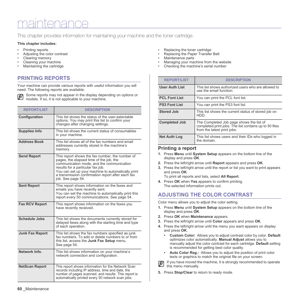 Maintenance, Printing reports, Printing a report | Adjusting the color contrast, 60 printing reports, 60 adjusting the color contrast, See "printing | Samsung CLX-6240 Series User Manual | Page 60 / 157