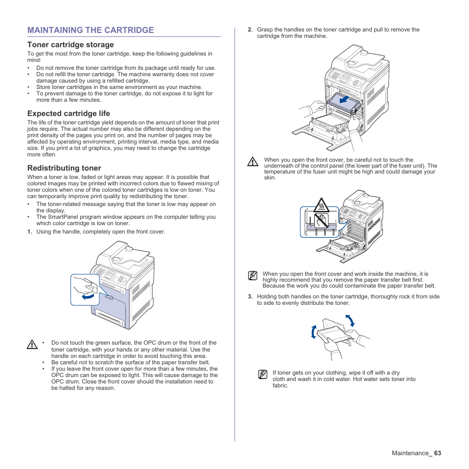 Maintaining the cartridge, Toner cartridge storage, Expected cartridge life | Redistributing toner, 63 maintaining the cartridge | Samsung CLX-6240 Series User Manual | Page 63 / 157